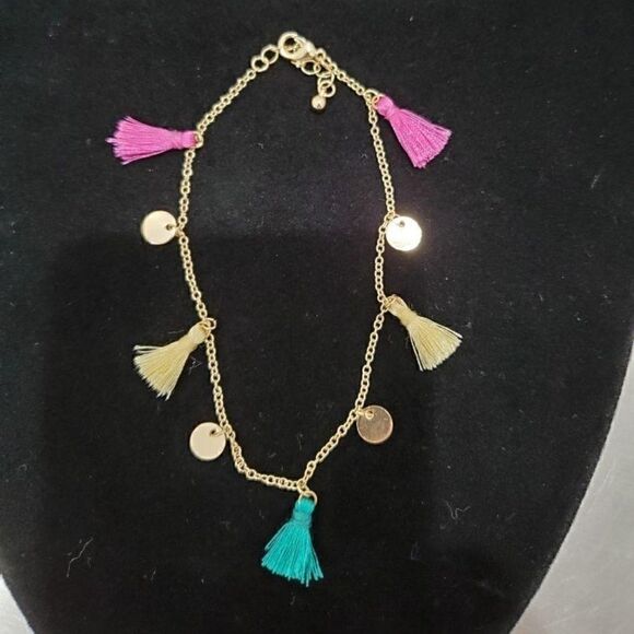 Macy's Gold Chain Pink Teal Yellow Tassel Anklet - Picture 1 of 3